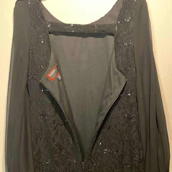Scarlett- Black Lace Sequined Long Mesh Open Sleeve Cuffed Mini Dress- Size 8 - Picture 6 of 10